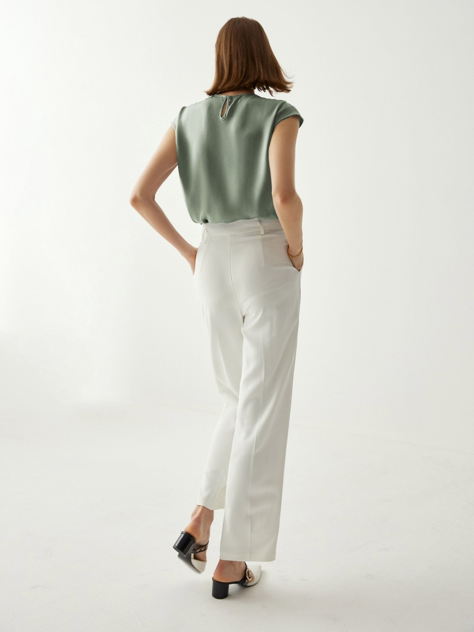 Silk Pleated Neckline Cap Sleeves Blouse - Callalina