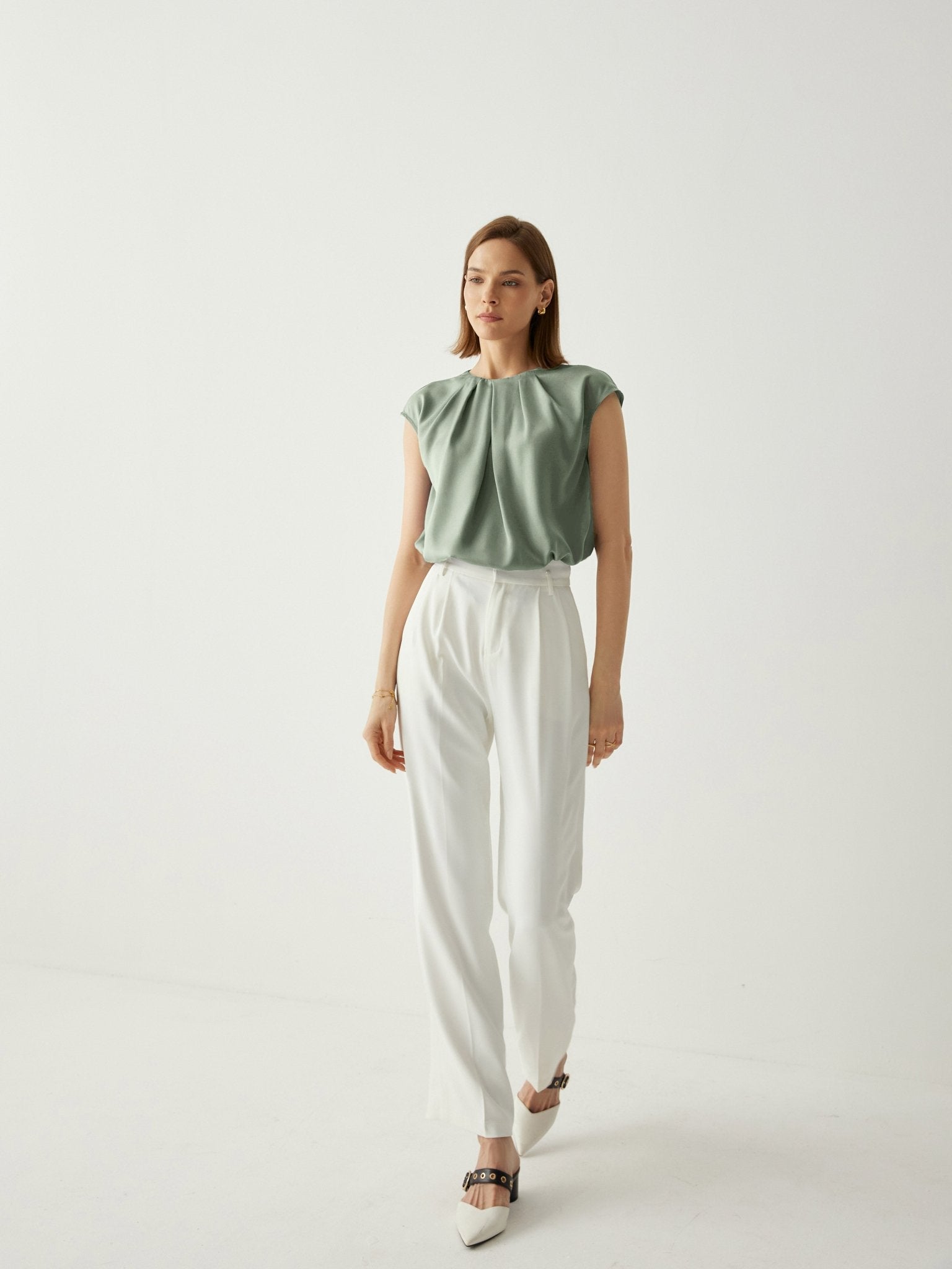 Silk Pleated Neckline Cap Sleeves Blouse - Callalina