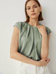 Silk Pleated Neckline Cap Sleeves Blouse - Callalina