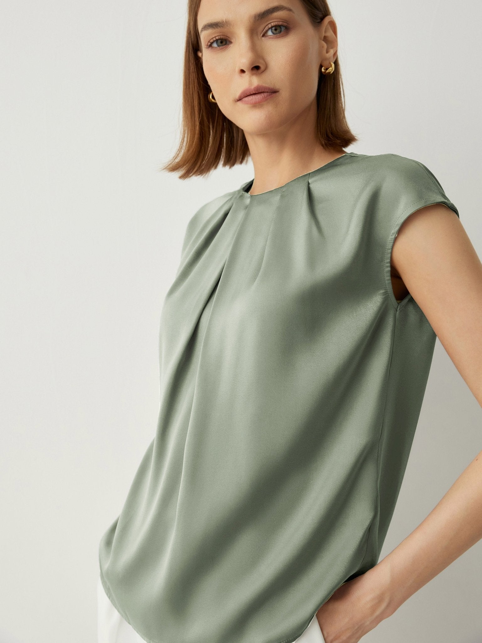 Silk Pleated Neckline Cap Sleeves Blouse - Callalina