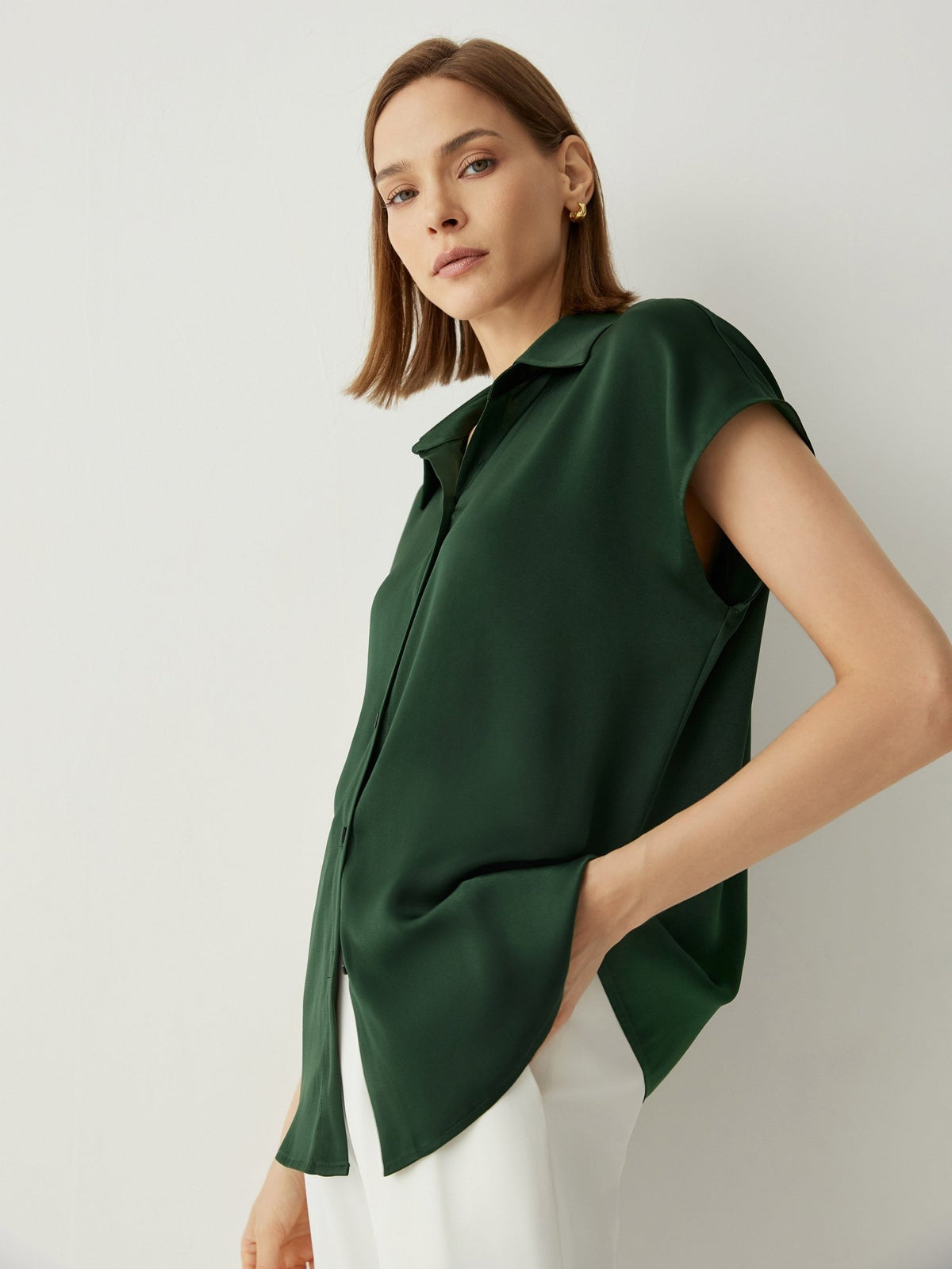 Spread Collar Cap Sleeves Oversized Fit Blouse - Callalina