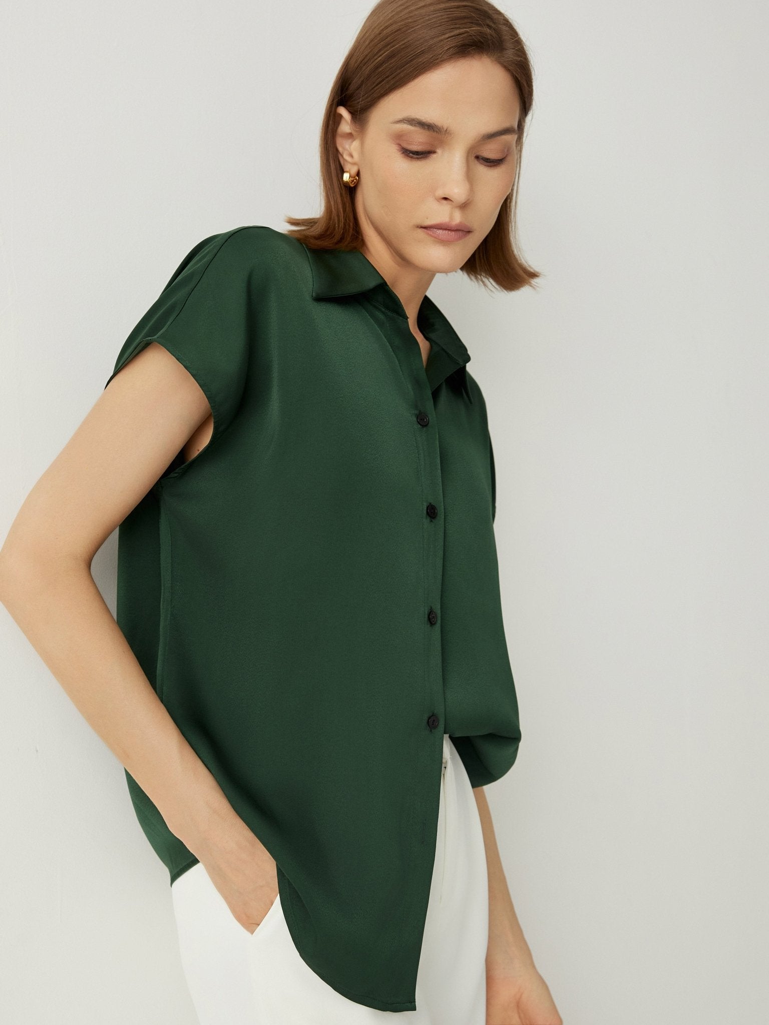 Spread Collar Cap Sleeves Oversized Fit Blouse - Callalina