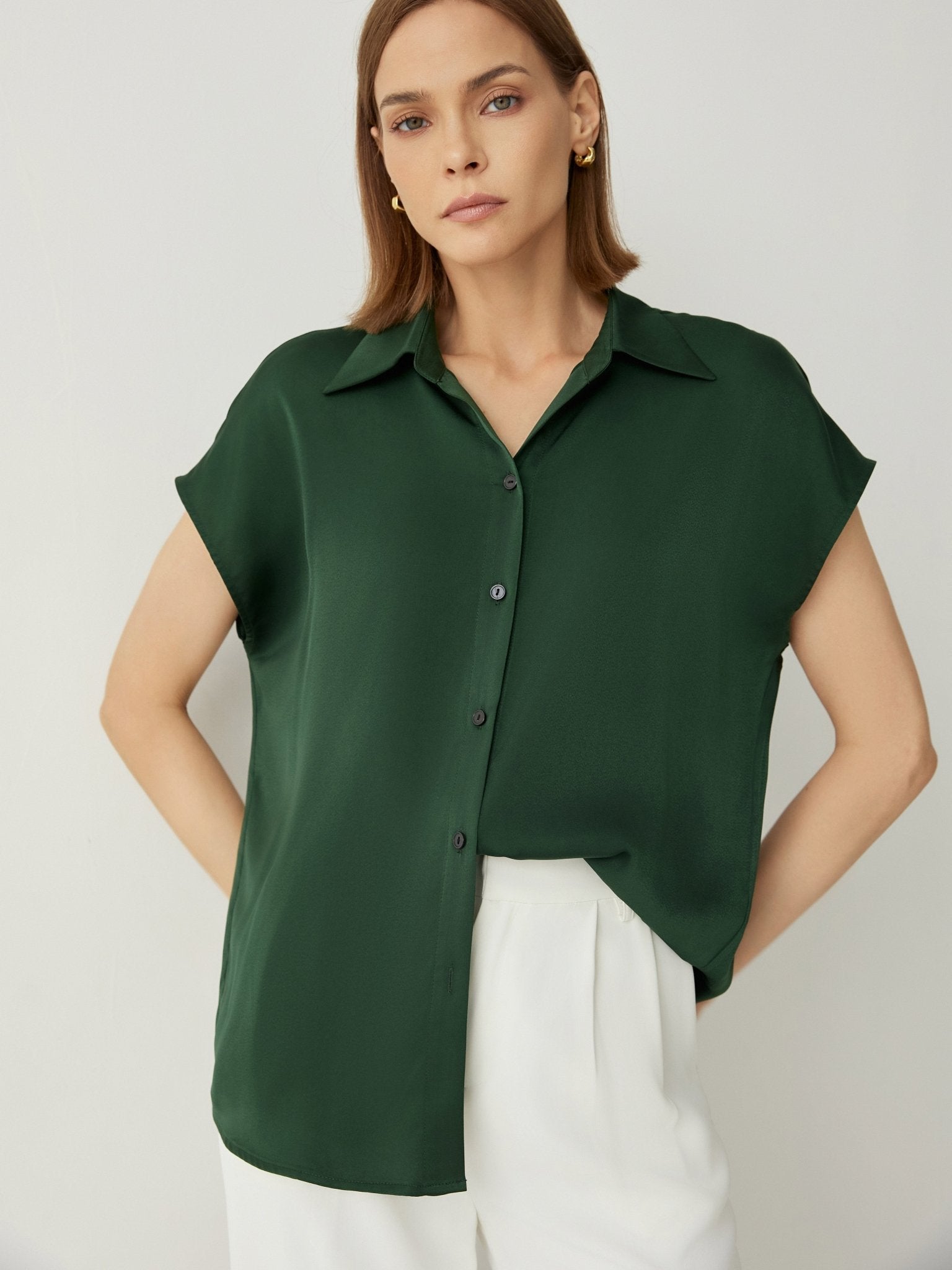 Spread Collar Cap Sleeves Oversized Fit Blouse - Callalina