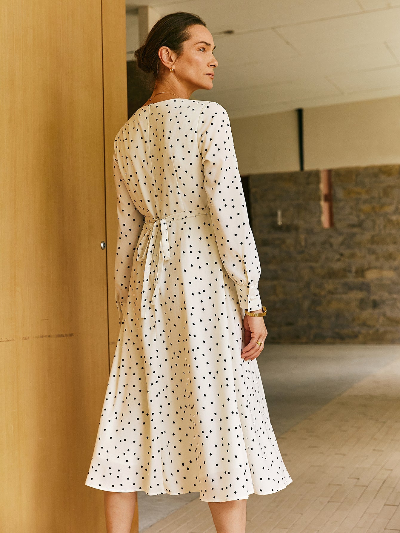 V - Neck Polka Dots A - line Midi Dress - Callalina