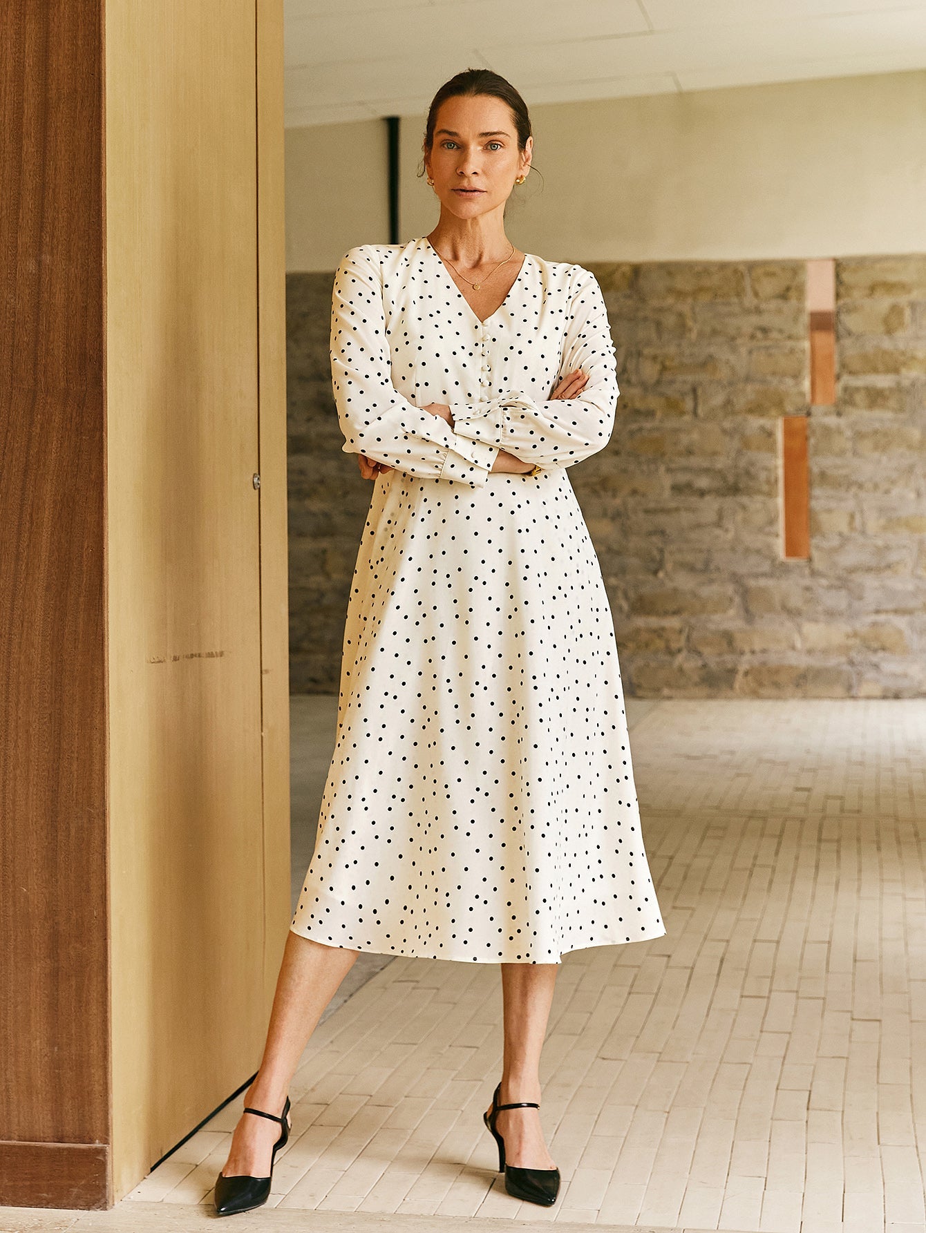 V - Neck Polka Dots A - line Midi Dress - Callalina