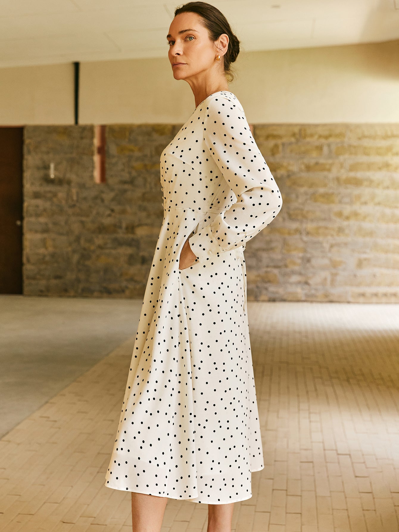 V - Neck Polka Dots A - line Midi Dress - Callalina