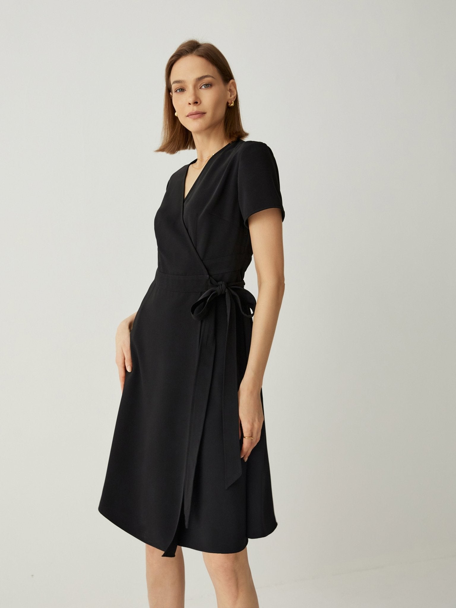 V - Neck Short Sleeves A - Line Midi Wrap Dress - Callalina