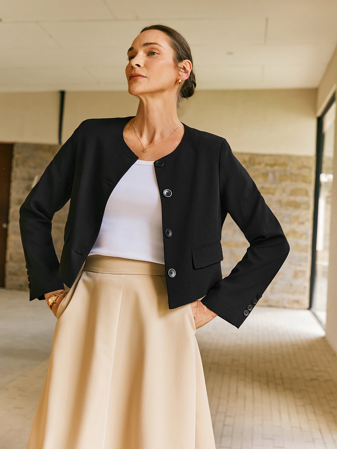 Wool - blend Cropped Jacket With Shoulder Pads - Callalina