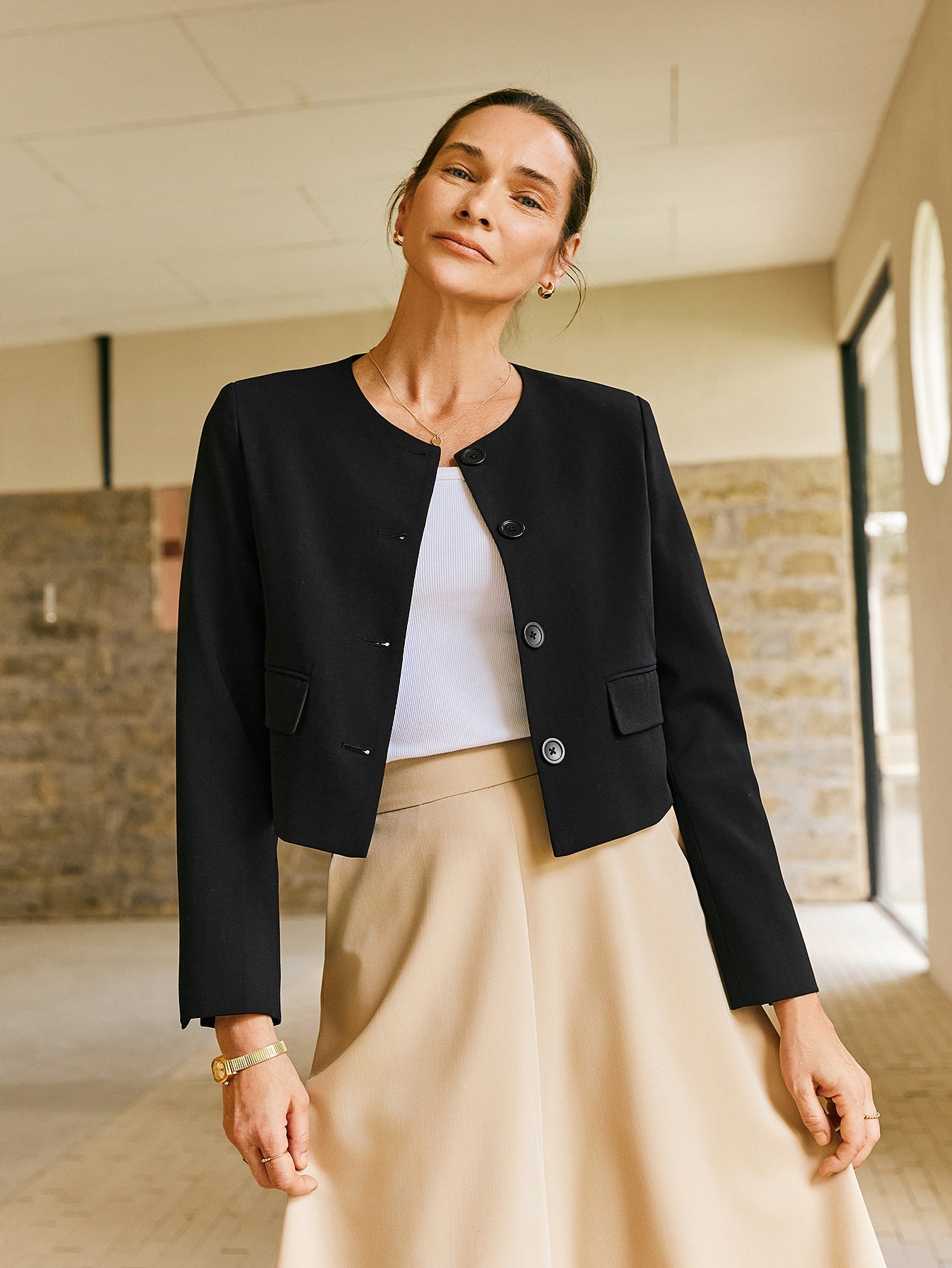 Wool - blend Cropped Jacket With Shoulder Pads - Callalina