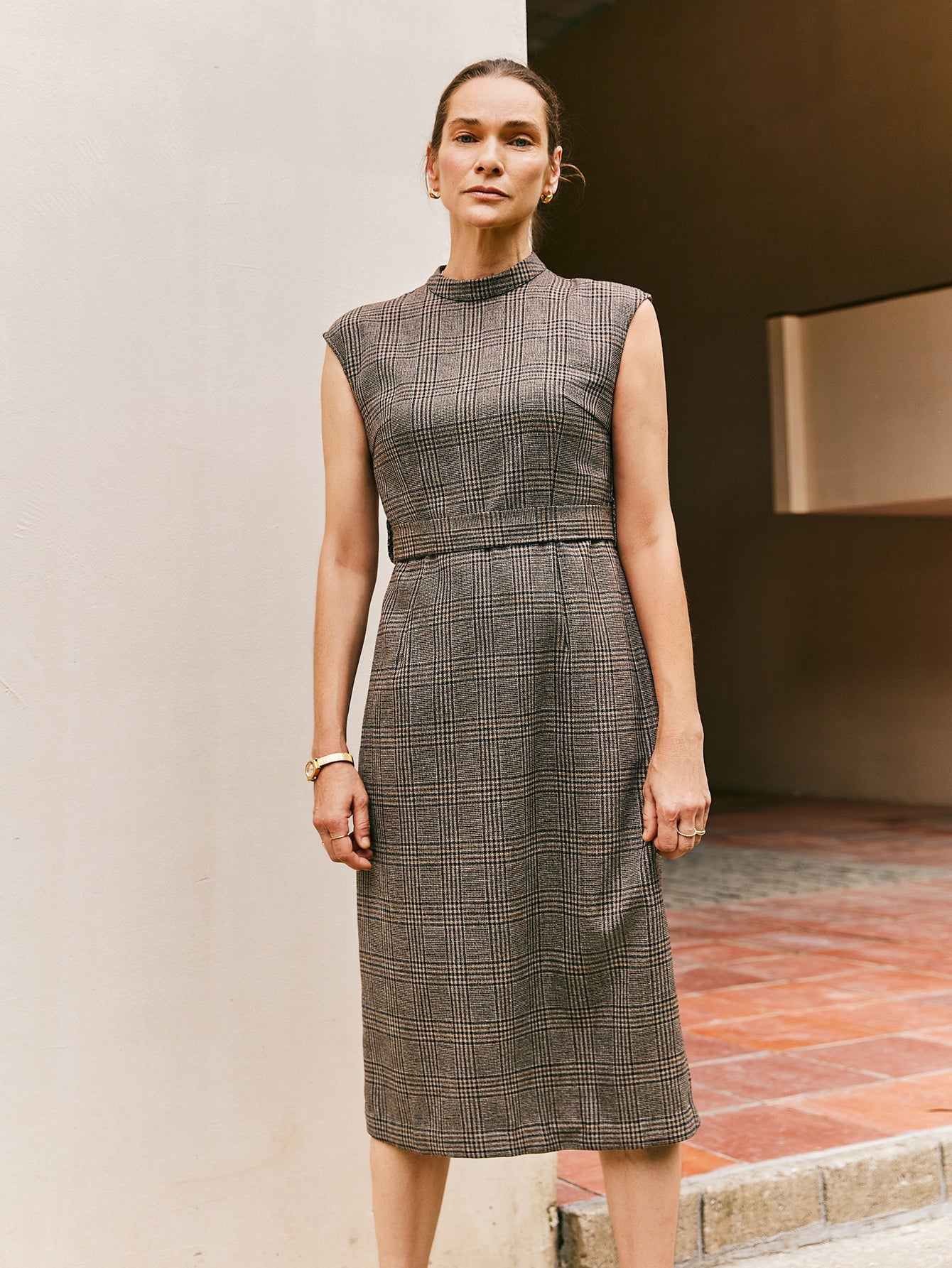 Wool - blend Mock Neck Plaid Midi Dress With Belt - Callalina