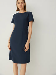 Wool - blend Short Sleeves Classic Midi Dress with Side Pockets - Callalina