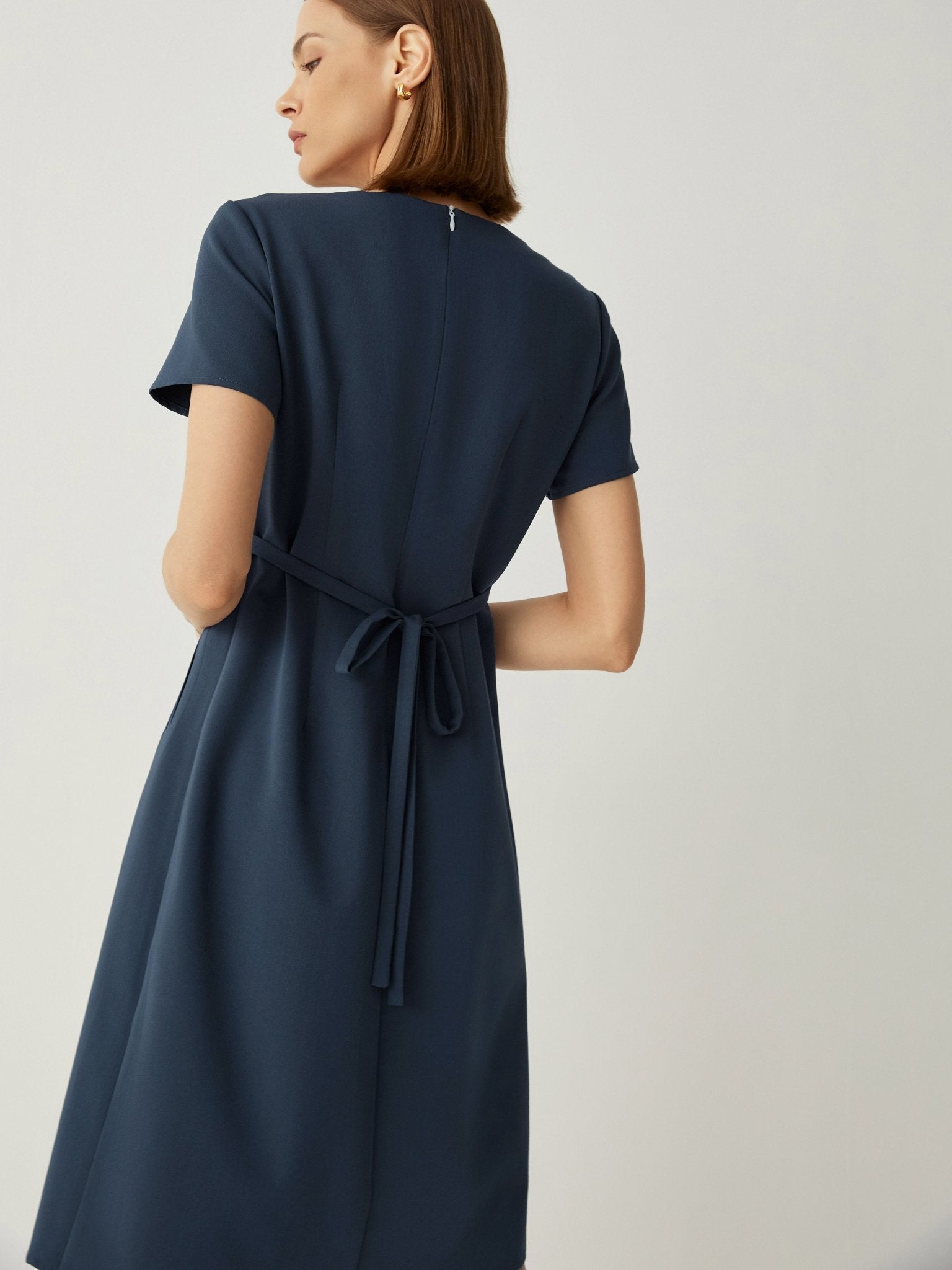 Wool - blend Short Sleeves Classic Midi Dress with Side Pockets - Callalina