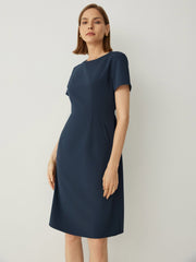 Wool - blend Short Sleeves Classic Midi Dress with Side Pockets - Callalina