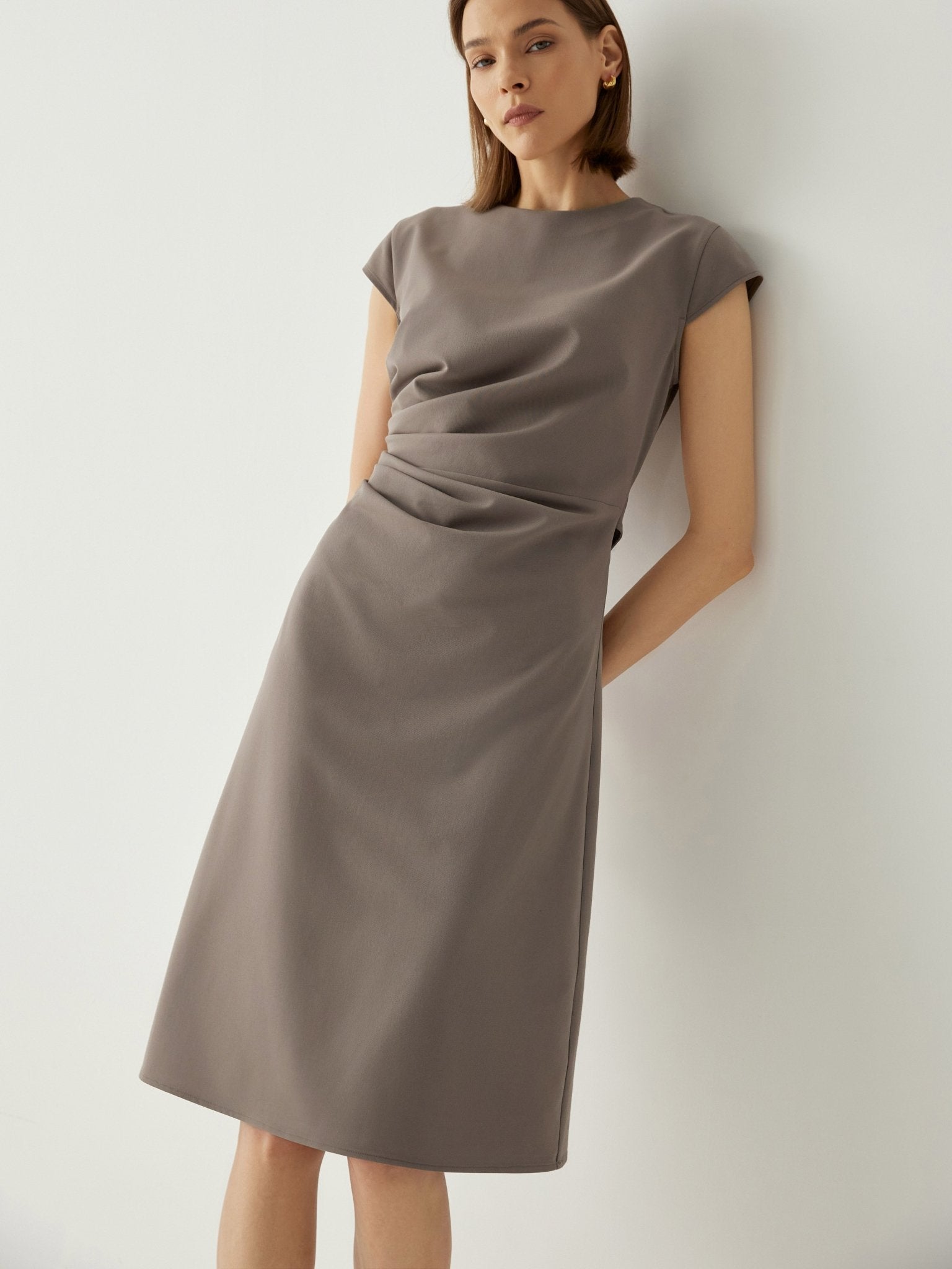 Wool - blend Trendy Pleated Cap Sleeves Midi Dress - Callalina