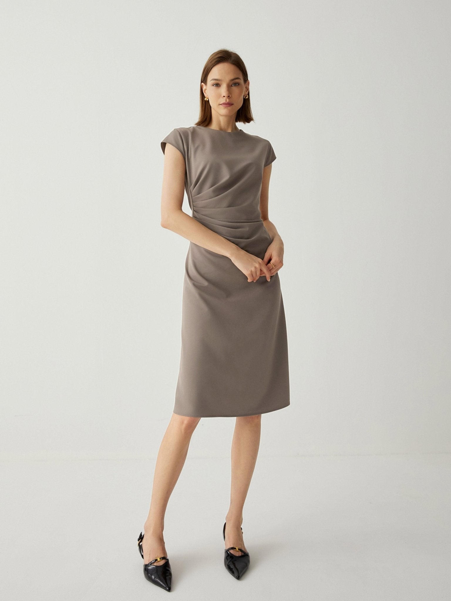 Wool - blend Trendy Pleated Cap Sleeves Midi Dress - Callalina