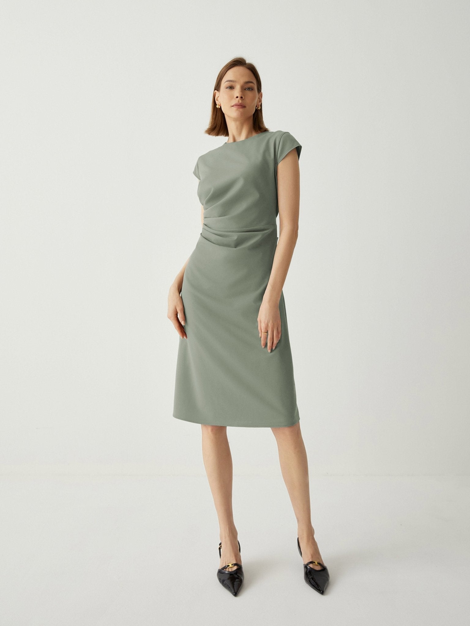 Wool - blend Trendy Pleated Cap Sleeves Midi Dress - Callalina