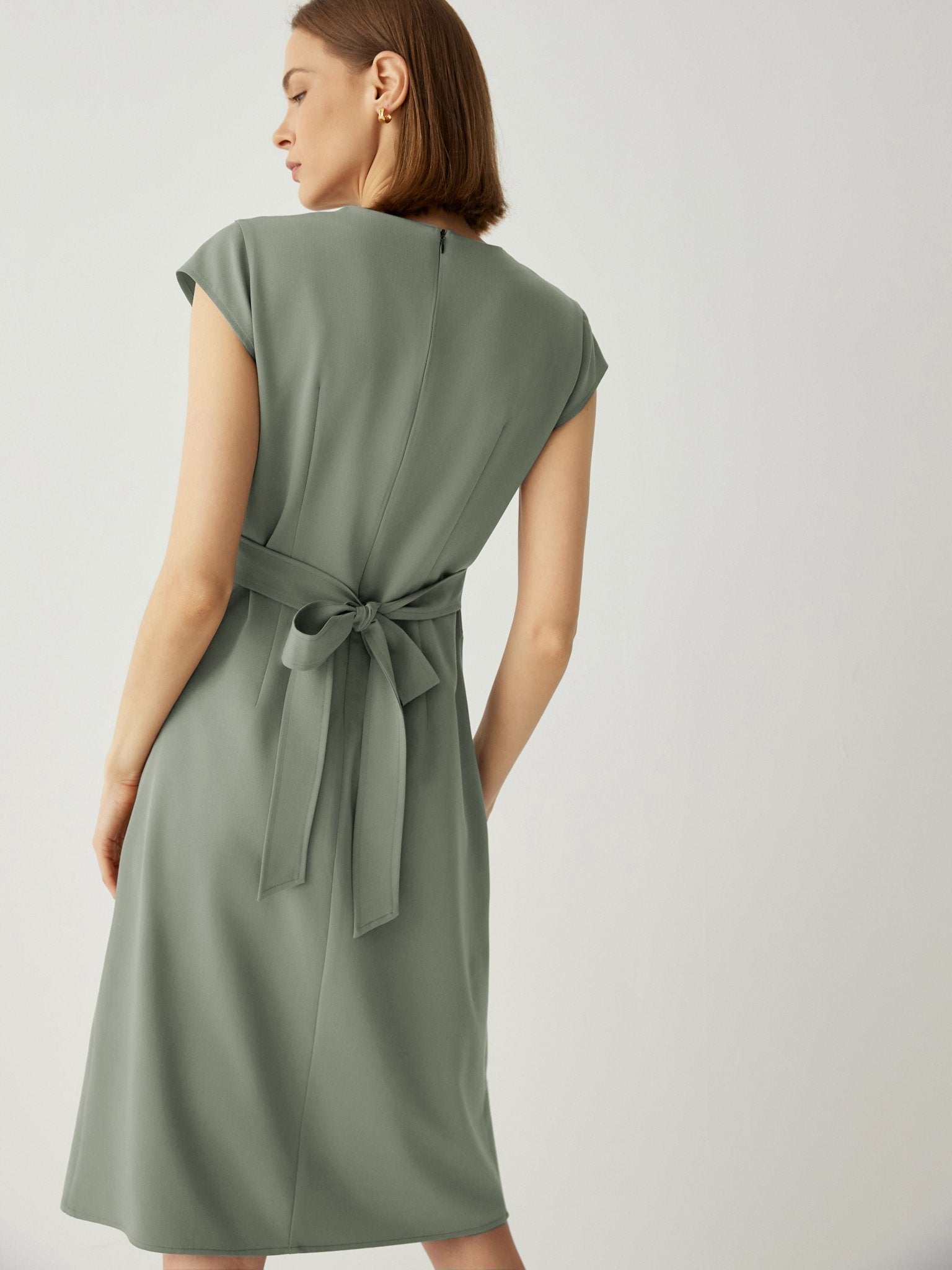 Wool - blend Trendy Pleated Cap Sleeves Midi Dress - Callalina