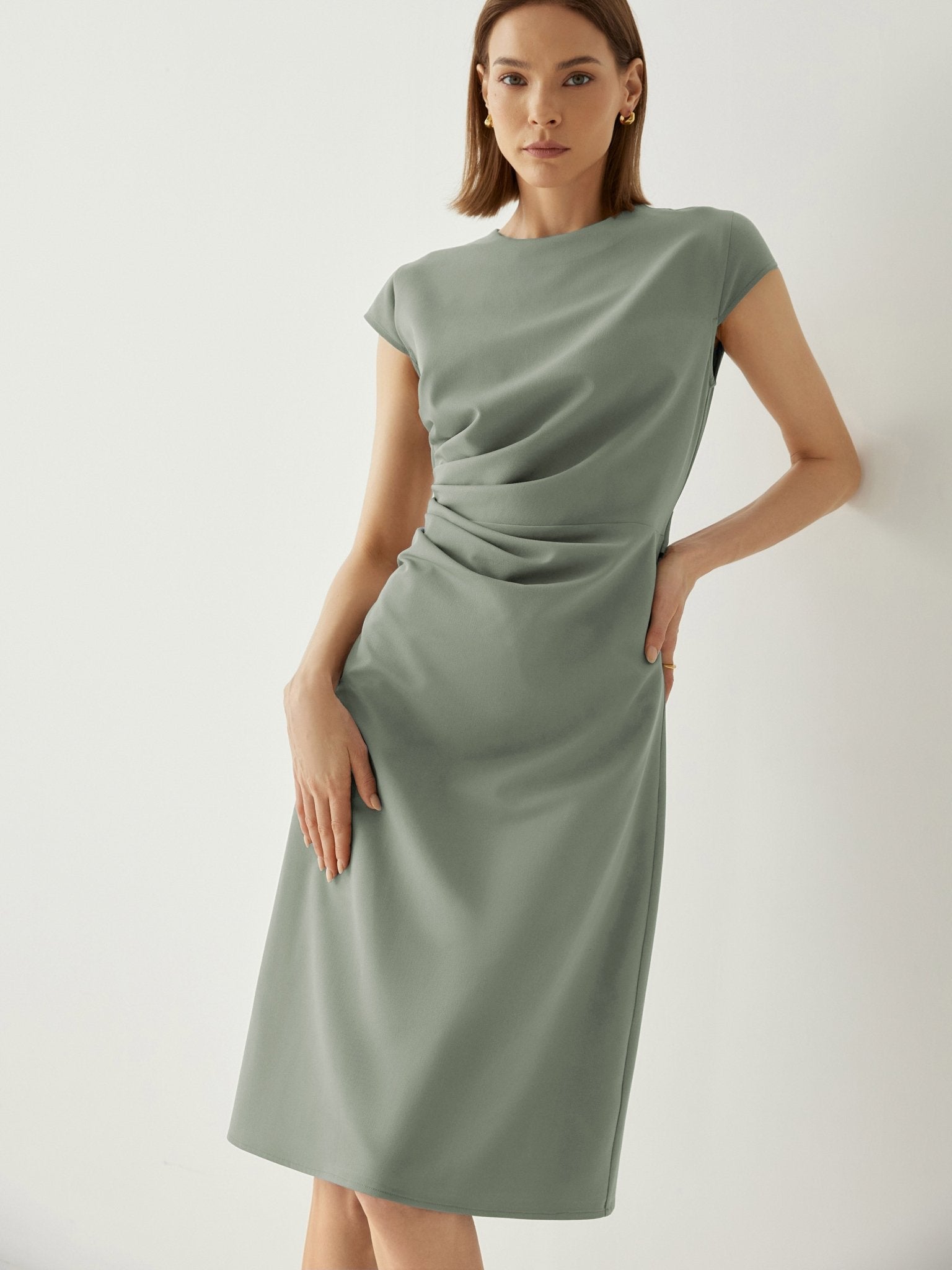 Wool - blend Trendy Pleated Cap Sleeves Midi Dress - Callalina