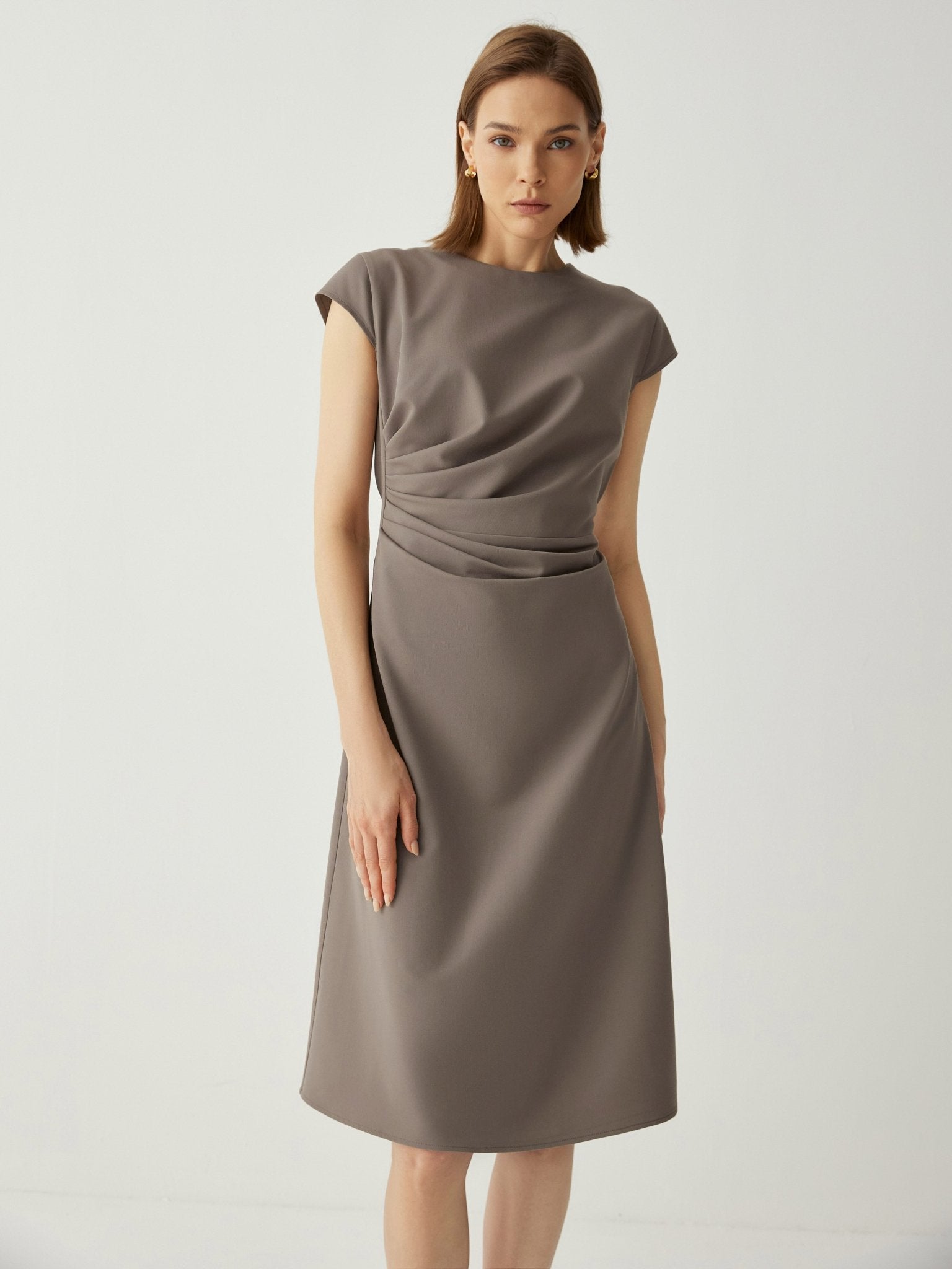 Wool - blend Trendy Pleated Cap Sleeves Midi Dress - Callalina