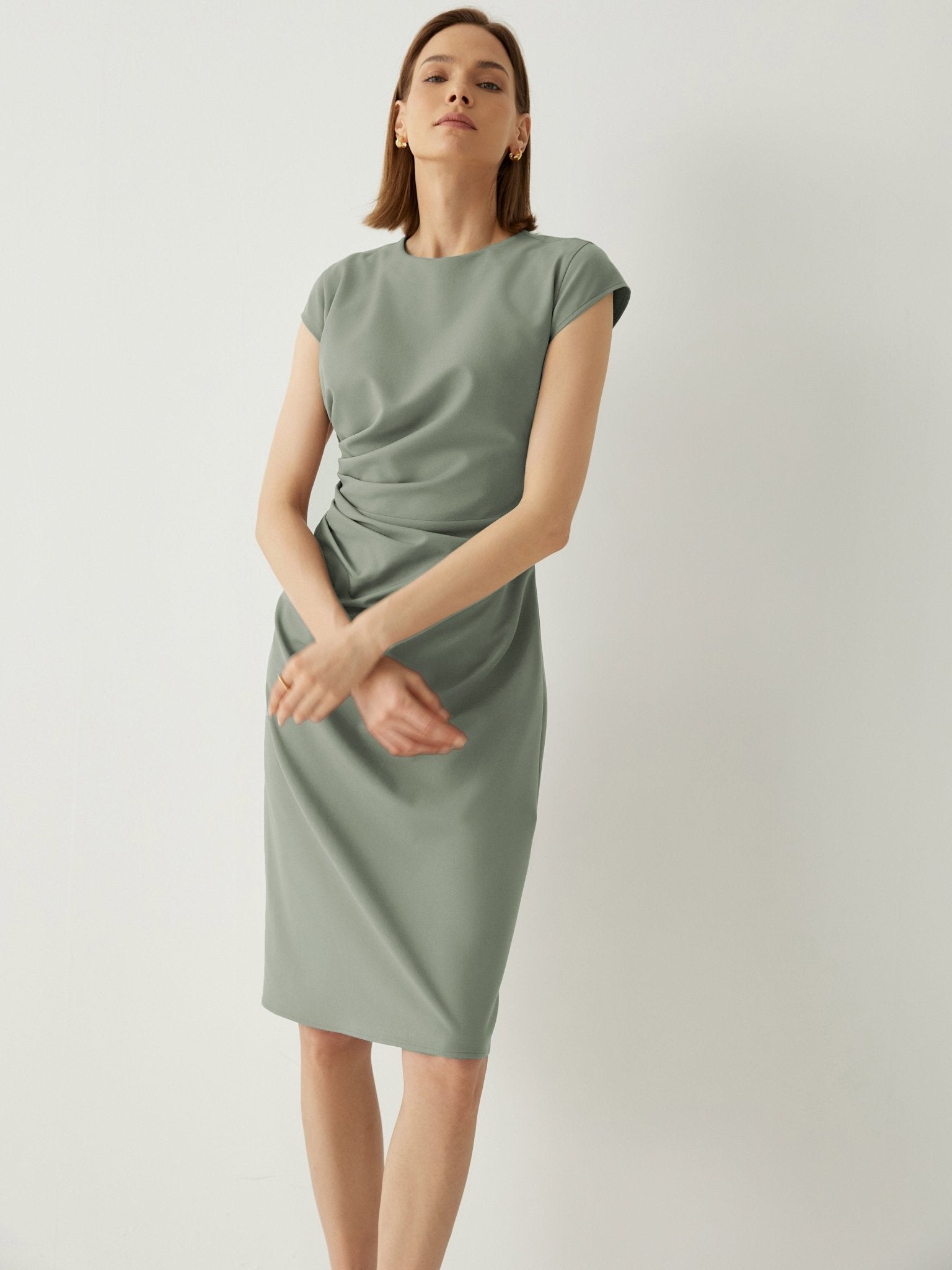 Wool - blend Trendy Pleated Cap Sleeves Midi Dress - Callalina