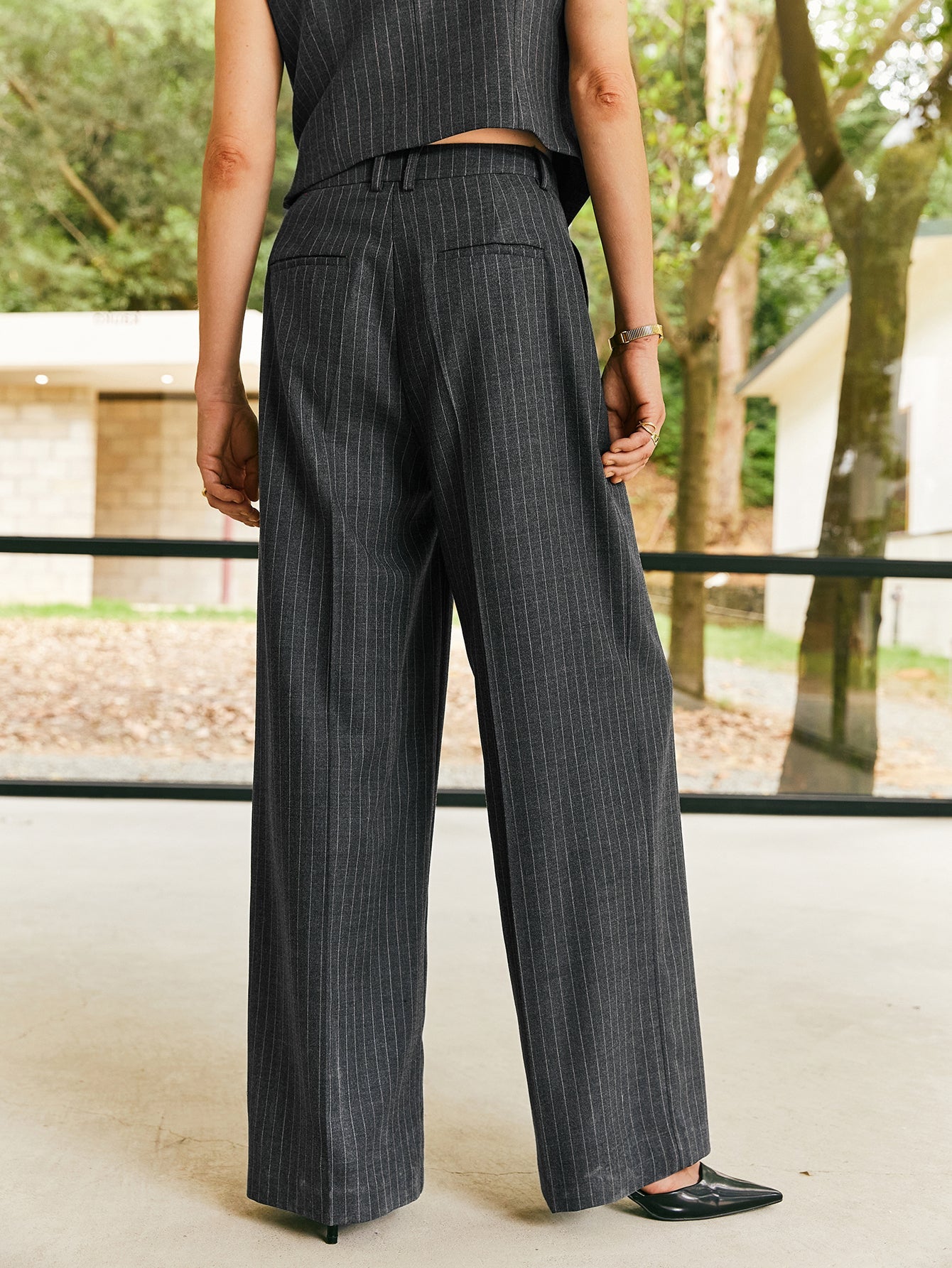 Wool - blend Vertical Stripes Wide Leg Pants - Callalina